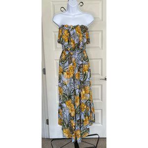 All in Favor Plum Island Mustard Palm Print Strapless Culotte Jumpsuit